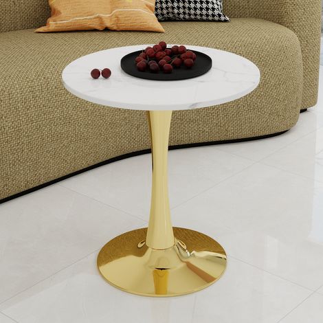 Table basse ronde, design moderne minimaliste, lignes nettes, plateau en marbre artificiel, doré et blanc (1/5)