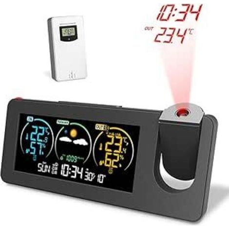 Réveil à Projection, Moniteur météo, Station météo sans Fil avec capteur extérieur, Moniteur de température et d'humidité, avec rétroéclairage coloré et prévisions météorologiques (1/4)