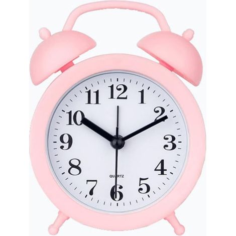 Réveil pour enfant, double cloche, classique, maison, jolie horloge analogique à piles, mini réveil rond pour table de chevet, rose (1/3)