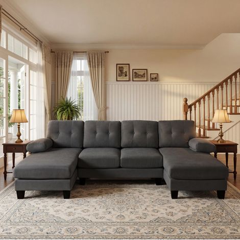 Canapé d'angle en chenille avec double chaise longue, 4 à 6 places, gris (1/5)