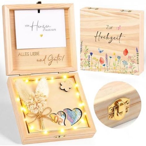 Boîte‑cadeau bois pour cadeau d'argent mariage, coffret amour guirlande LED, idée cadeau mariage fiançailles jeunes mariés (1/3)