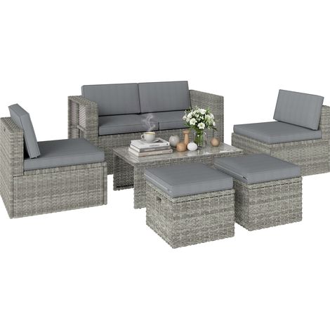 Ensemble extérieur 6 pièces avec canapé, 2 chaises, table à plateau vitré et 2 poufs, structure en rotin résistante gris foncé