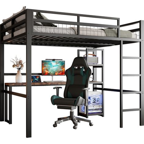 Lit mezzanine 140x200 cm avec bureau, étagères, prise USB et Type-C, garde-corps et échelle, structure en métal et MDF, noir, sans matelas CHICFURN (1/5)