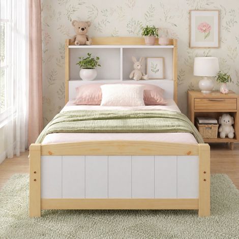 Cama individual 90x200 cm con cabecero estantería con almacenaje, somier de láminas, acabado blanco y madera clara, ideal para espacios pequeños - CHICFURN (1/5)