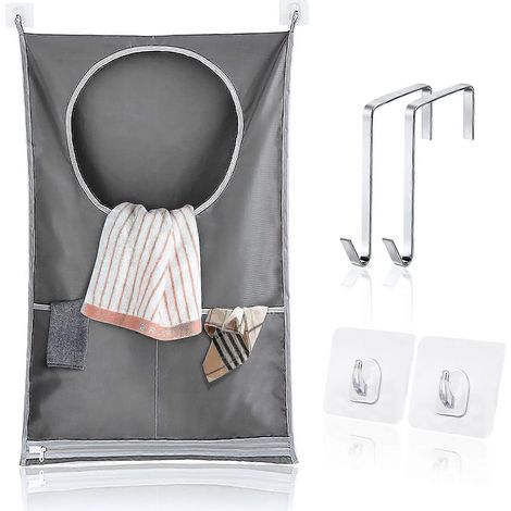 Sacs à linge, panier à linge suspendu avec crochets adhésifs en acier inoxydable, panier à linge réglable (1/4)