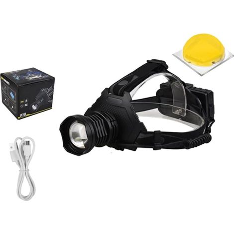 Lampada frontale ricaricabile tramite USB P70 con zoom retrattile e 5 modalità, potente illuminazione da 50 W, ideale per campeggio e arrampicata, realizzata in lega di alluminio e plastica. (1/5)