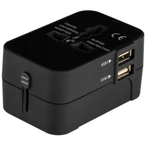 Adaptateur de voyage international universel avec 2 ports USB, convertisseur de chargeur mural, idéal pour les vacances en famille, noir. (1/5)