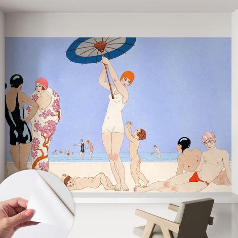 Tapete Selbstklebend - abwaschbar - Tapete mit Motiv - trendige Wanddeko - elegant Fototapete  Retro-Strand 152x104 cm