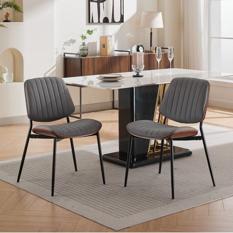 Sedia da pranzo in stile mid century, schienale e seduta in PU effetto noce, gambe in metallo grigio (1/5)