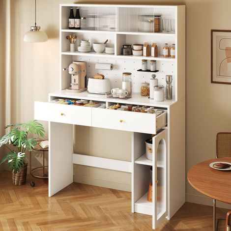 Meuble de cuisine blanc avec plan de travail, buffet haut et armoire, fonction bar intégrée, porte-crochets, 2 tiroirs, étagère ajustable et rangement ouvert, pour salle à manger et cuisine.