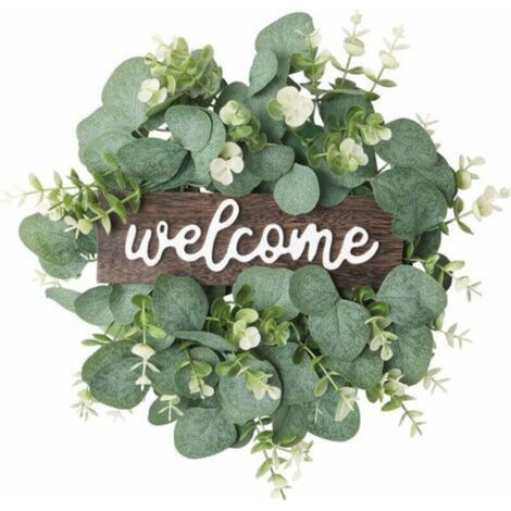 Artificial Green Eucalyptus Wreath 30 cm Round Wreath With Wooden Panels White and Green Flowers Wall Decoration Summer Wreath (1/5)