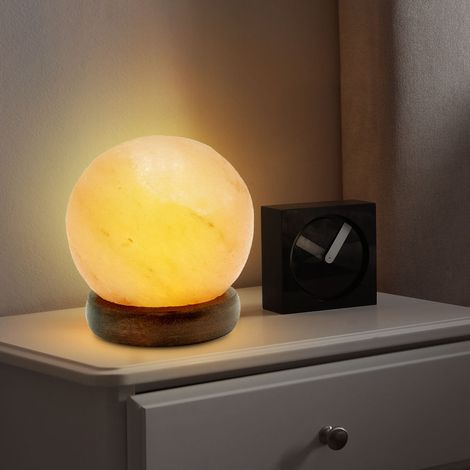 Tischleuchte Salzkristall Salzkristalllampe Holzsockel Tischlampe Holz Salzstein Dekoleuchte, USB, LED 5W, DxH 8,9x10,2 cm