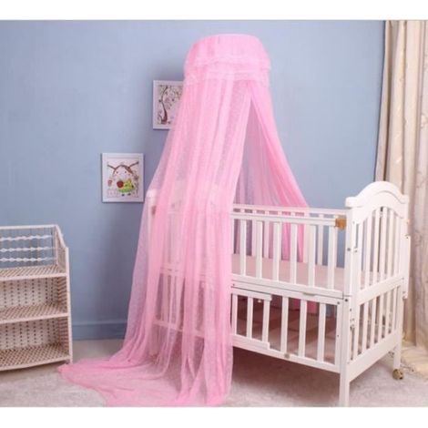 Moustiquaire Ronde Lit Bébé Baldaquin Décor Blanc (+Support de Serrage) Ciel de lit pour bebe Rose (1/4)