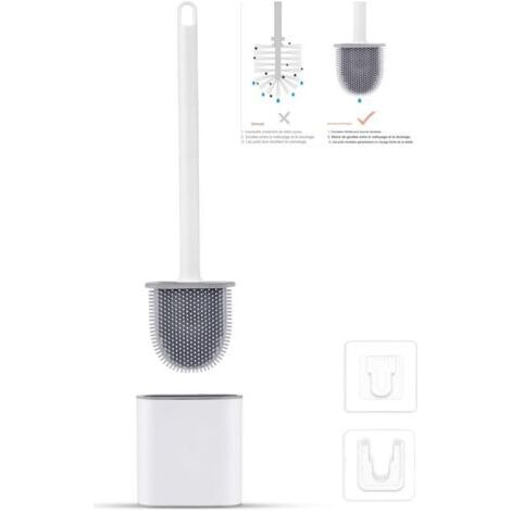 Brosse WC Silicone Plate- Brosse Toilette et Supports, Anti-goutte, Antibactérienne, Balayette WC Ventilée, Séchage Rapide sans Odeur, Balai WC Montage Mural/au Sol, Salle de Bain et WC Blanc (1/5)