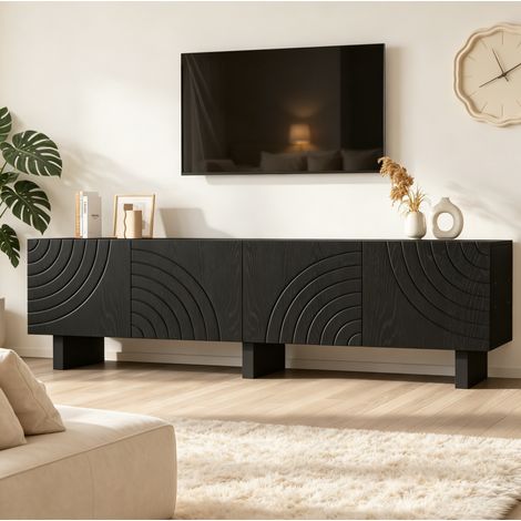 Meuble TV 180x40x55 cm pour téléviseur jusqu’à 75 pouces, 4 portes avec rangement, panneau de particules noir (1/5)