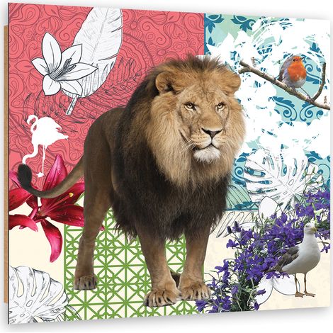 Quadro deco panel, Collage di leone e uccelli - 40x40 (1/5)