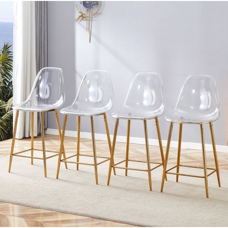 Taburete de bar transparente en plástico y metal, con reposapiés, estilo moderno, dorado (1/5)