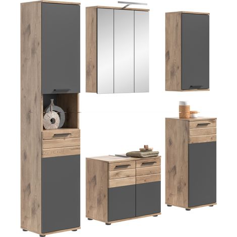 Set bagno SELMA grigio antracite e rovere chiaro - mobile sotto lavabo, colonna, armadio specchio LED, 2 mezze colonne