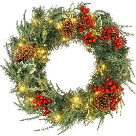 60 cm großer, beleuchteter Weihnachtskranz mit 35 LEDs, Timer, 170 Zweigen, Tannenzapfen, Beeren, Stechpalmenblättern und Grün (1/5)