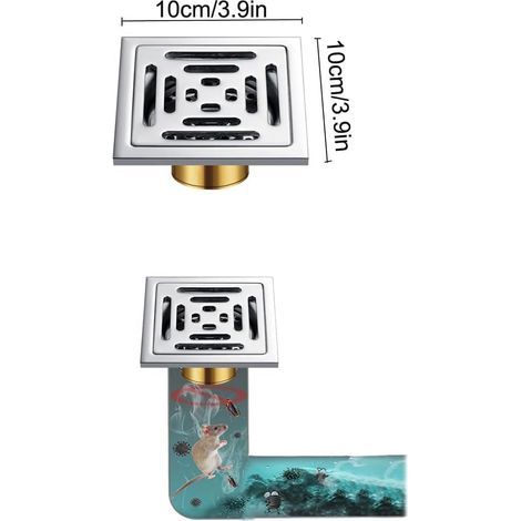 Drain de Salle de Bain carré, 100 x 100 mm, Siphondesoldedouche, Siphondesolenacierinoxydable, Siphondesolcarré, Convient pour Les salles de Bains, Les Toilettes, Les balcons. (1/4)