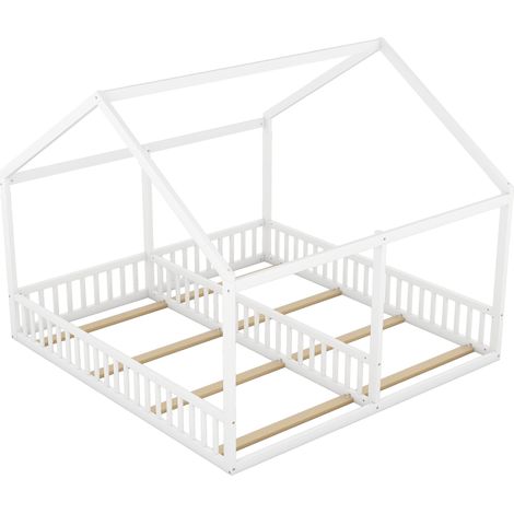 Cama infantil casa 90 x 200 blanca con doble cama, pino y MDF, 204 x 187 x 168 cm (1/5)