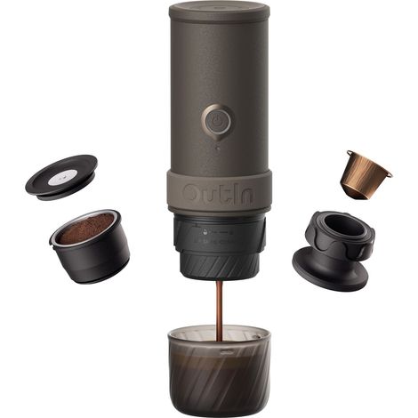 OutIn Mino Cafetera Espresso Eléctrica Portátil - Gris Sideral, Calentamiento, Café Molido y Adaptador Cápsulas NS (1/5)