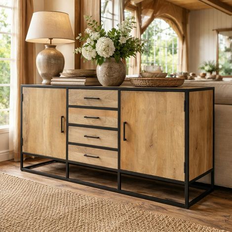 Buffet de salon en bois clair 2 portes 4 tiroirs RIVANO