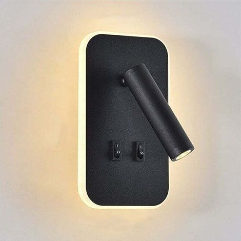 Aplique de pared LED con interruptor, luz de lectura ajustable para mesita de noche en dormitorio, iluminación ambiental y foco orientable (3 W 3000 K + 10 W 3000 K), acabado negro (1/5)