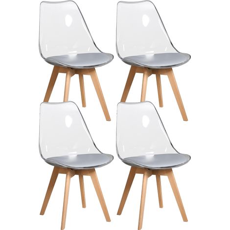 4 Chaises Tulipes Salle à Manger Scandinaves Bm Home Salle de Bureau, Pieds en Bois de Hêtre Massif, Transparente, assise Grise (1/5)