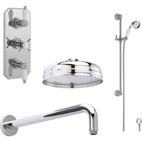 Balterley Traditional Triple Thermostatic Valve, Shower Arm, Fixed Shower Head And Slider Rail Kit, Chrome