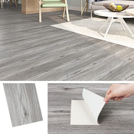 Dalle PVC Adhesive Sol Chambre Lame PVC Adhesive Sol Gris 90cm x 15cm Papier Adhesif pour Mur Salle de Bain Vinyle Adhesif Bois Gris Revetement de Sols Lino Sols Adhésif Cuisine, 4 Dalles (1/5)