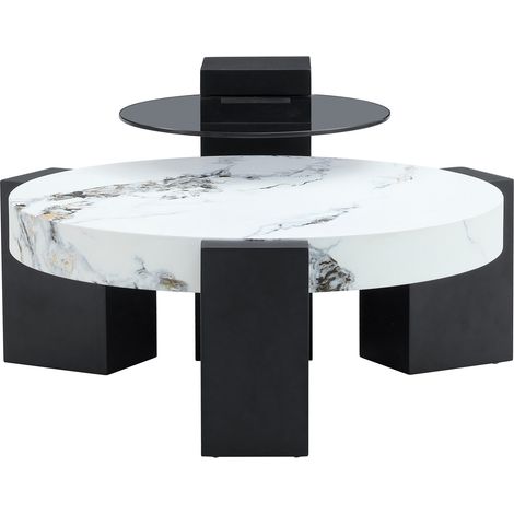 Table d'appoint ronde moderne avec plateau imitation marbre et pieds MDF noirs en L, design démontable (1/5)