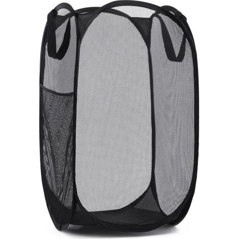 Panier à linge pliable en filet, pratique et doté d'une large ouverture et de poches latérales – respirant de couleur noire. (1/5)