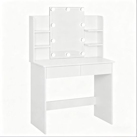 Tocador moderno blanco con espejo e iluminación LED, 2 cajones y enchufe integrado, 90 x 135 x 40 cm (1/5)
