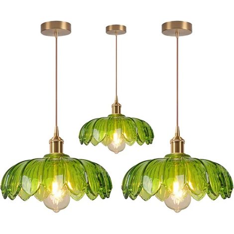 3x Lustre Vintage Vert,Lampe de Plafond Vintage Abat-jour en Verre Design Fleurs E27 Suspension Luminaire Style Nordique,25cm (1/5)