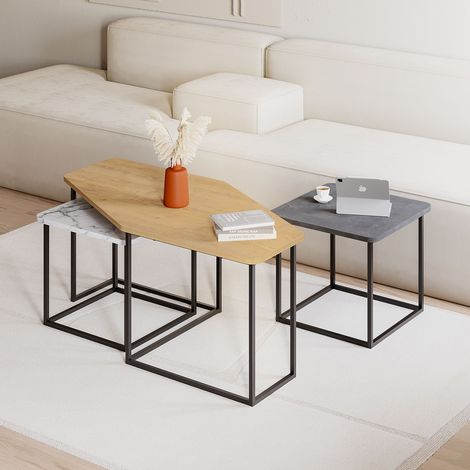 Decortie Nesty Stacking Side Tables, Sturdy and Easy Assembly, Modern Coffee Table 3 Pieces - Oak / Retro Grey / White Marble Effect (1/5)