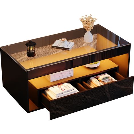Table basse LED rectangulaire en verre trempé avec 2 tiroirs, rangements ouverts, finition noire brillante, 100 x 50 x 40 cm, salon moderne - CHICFURN (1/5)
