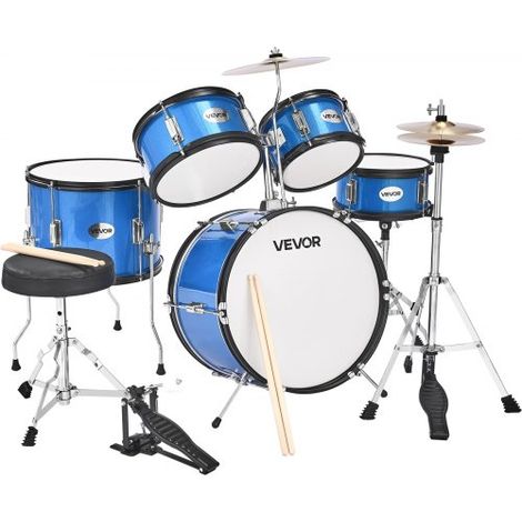 Schlagzeug Set, 5-teilig, inkl. 40,6 cm Basstrommel, 25,4 cm Snare, 20,3 cm & 25,4 cm Tomtoms, 33 cm Standtom, 25,4 cm Crash-Becken & 20,3 cm Hi-Hat, für Kinder von 6–13 Jahren, Blau (1/5)