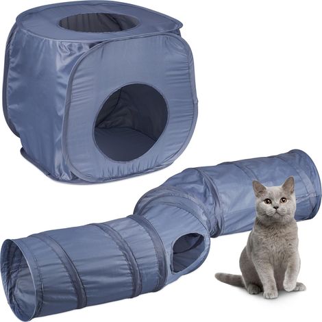 Tunnel de Jeu avec Grotte, pour Chat, Pliable, 2-en 1, système Pop-up, 4 Sorties, Niche, Petits Animaux, Gris (1/5)