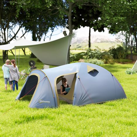 Tente de camping 4 personnes, tente tunnel imperméable avec 2 portes, crochets, sac de transport, 3,45 x 2,4 x 1,3 m, bleu clair