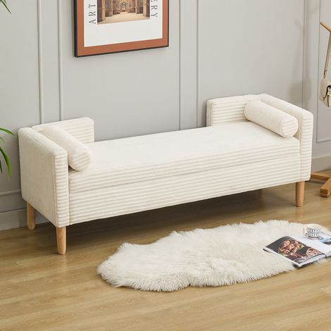 Tabouret de rangement en velours côtelé avec accoudoirs, dossier et deux coussins ronds, pour salon, entrée et chambre, ivoire (1/5)