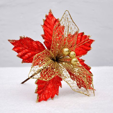 Fleur de Noël artisanale en maille de 22 cm, insert de fleur artificielle, couronne de Noël, guirlandes, décoration de sapin de Noël (rouge) (1/5)