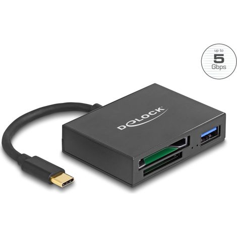 Delock Lector de tarjetas USB-Câ¢ para tarjetas de memoria XQD y SD + puerto USB 5 Gbps Tipo-A