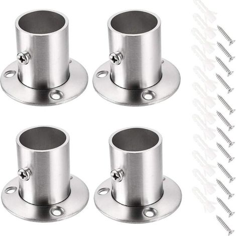 Lot de 4 supports de tringle à rideau Support de rail Support de tige de douille Ensemble de brides en acier inoxydable Supports d'extrémité de tringle de placard pour rideau de placard (Argent) (1/5)
