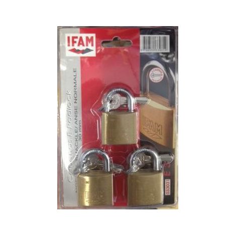 Ifam – Lot de 3 cadenas à clé s'ouvrant avec la même clé – Corps laiton monobloc 30mm – Anse acier trempé 5mm – 3 clés en laiton chromé