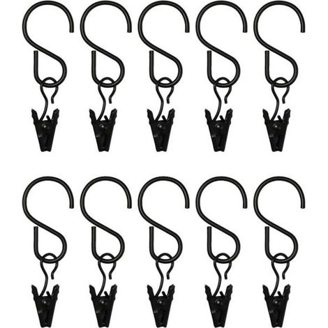 Pinces à rideaux - Noir - Pinces métalliques avec crochets en S - Fixation pour rideaux - Idéales pour suspendre rideaux, tableaux et objets de décoration (1/5)