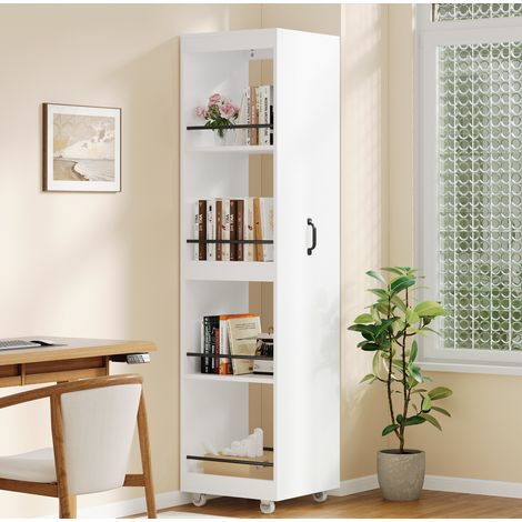 MODFU – Estantería estrecha 40x30x160,5 cm de MDF con ruedas, barras de protección y espacio para libros A4 para oficina o salón – Blanco (1/5)