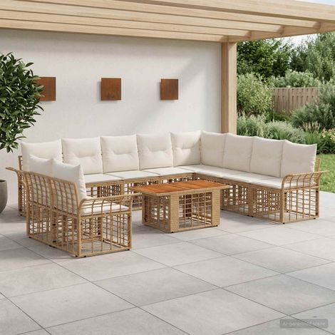 vidaXL Set Divano da Giardino 11 pz Naturale e Bianco Crema polyrattan (1/5)