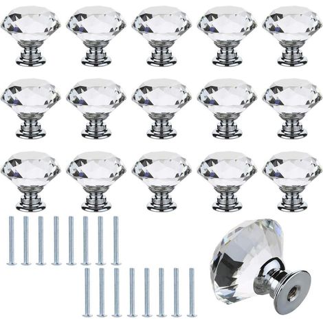 16pcs 30mm Boutons de Porte de Placard Cristal Tiroir de Porte Poignée à Diamant Clair Bouton de Meuble en Verre Transparent Moderne Décoration pour Cuisine Commode Table de Chevet avec Vis
