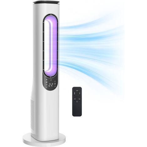 HOMCOM ventilador de torre sin aspas 35dB con luces led, control remoto, 3 velocidades, 3 modos, temporizador 15h, oscilación 50°, pantalla LED blanco